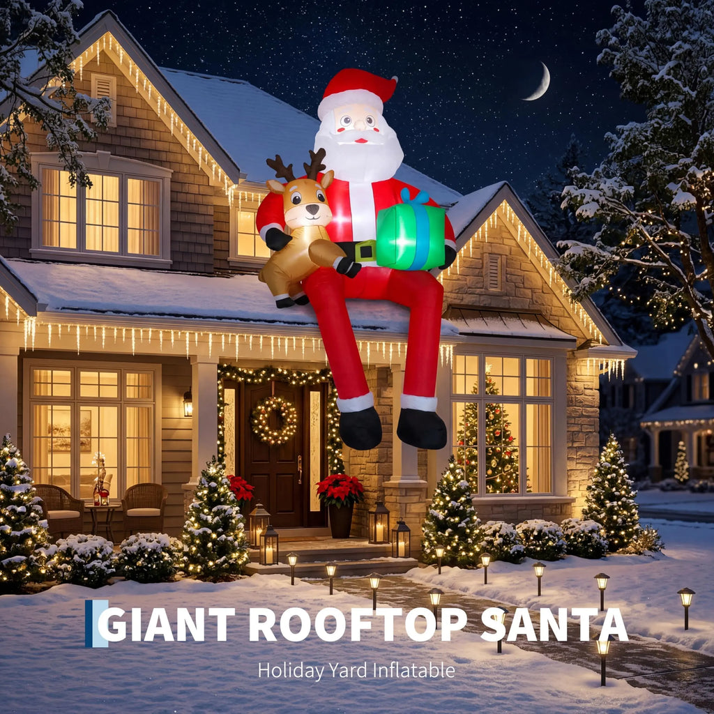 9.5 Ft Inflatable Sitting Santa with Reindeer and Gifts