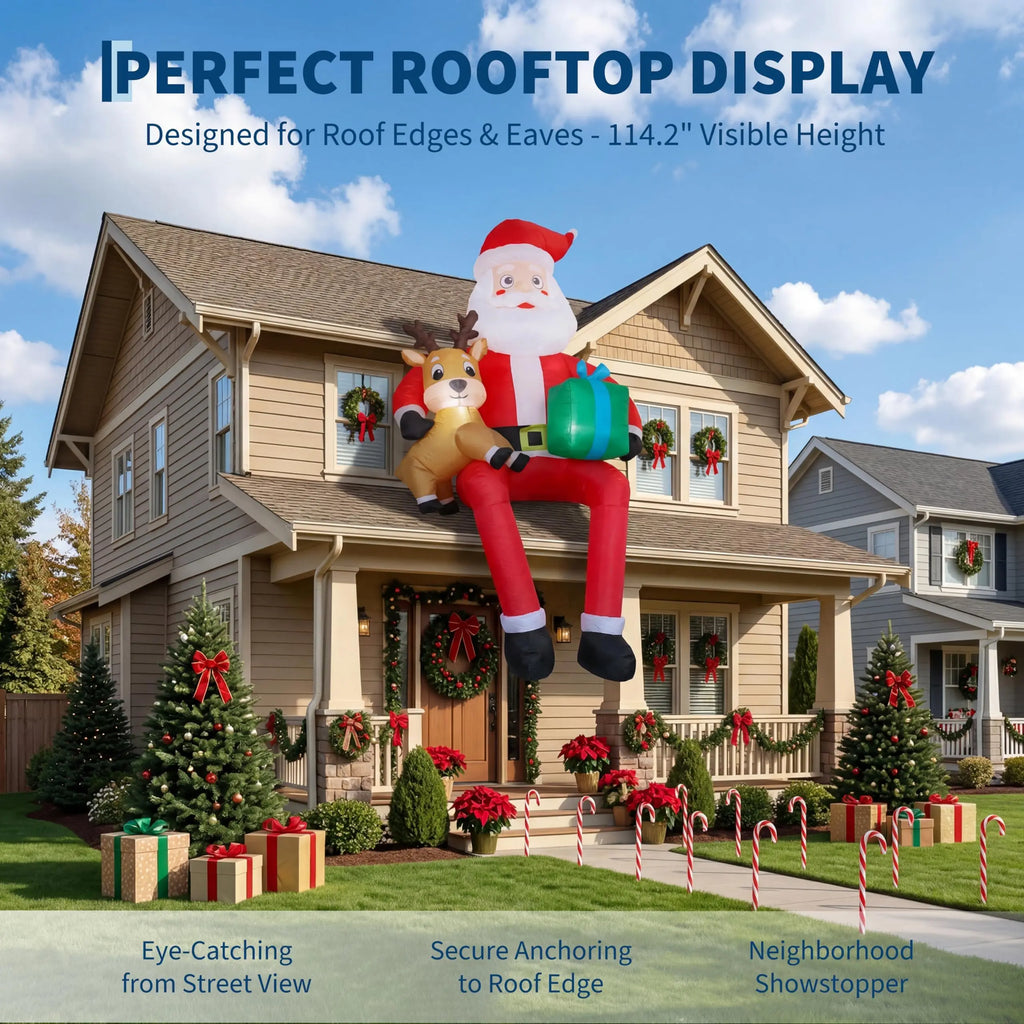 9.5 Ft Inflatable Sitting Santa with Reindeer and Gifts
