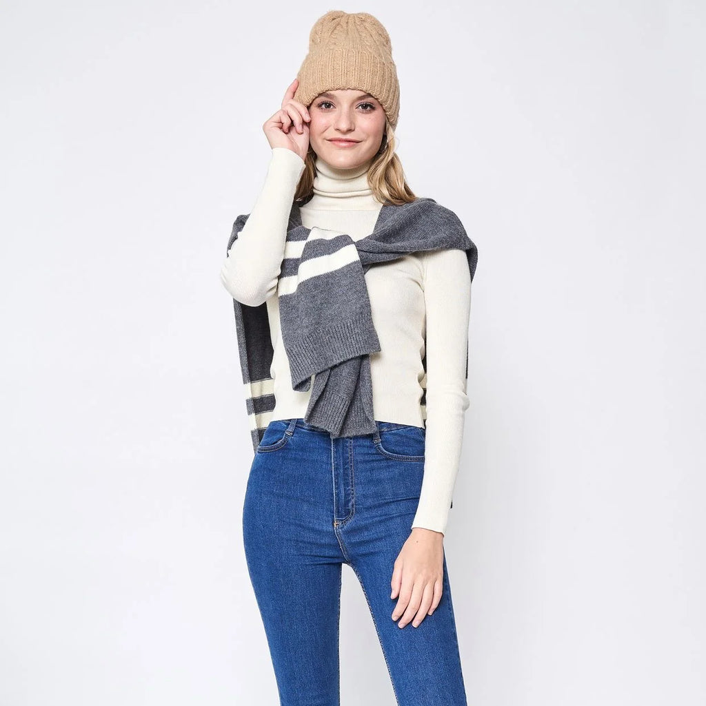 Hooded Sweater Scarf, Striped Knit Hoodie Wrap, Gray – image 15