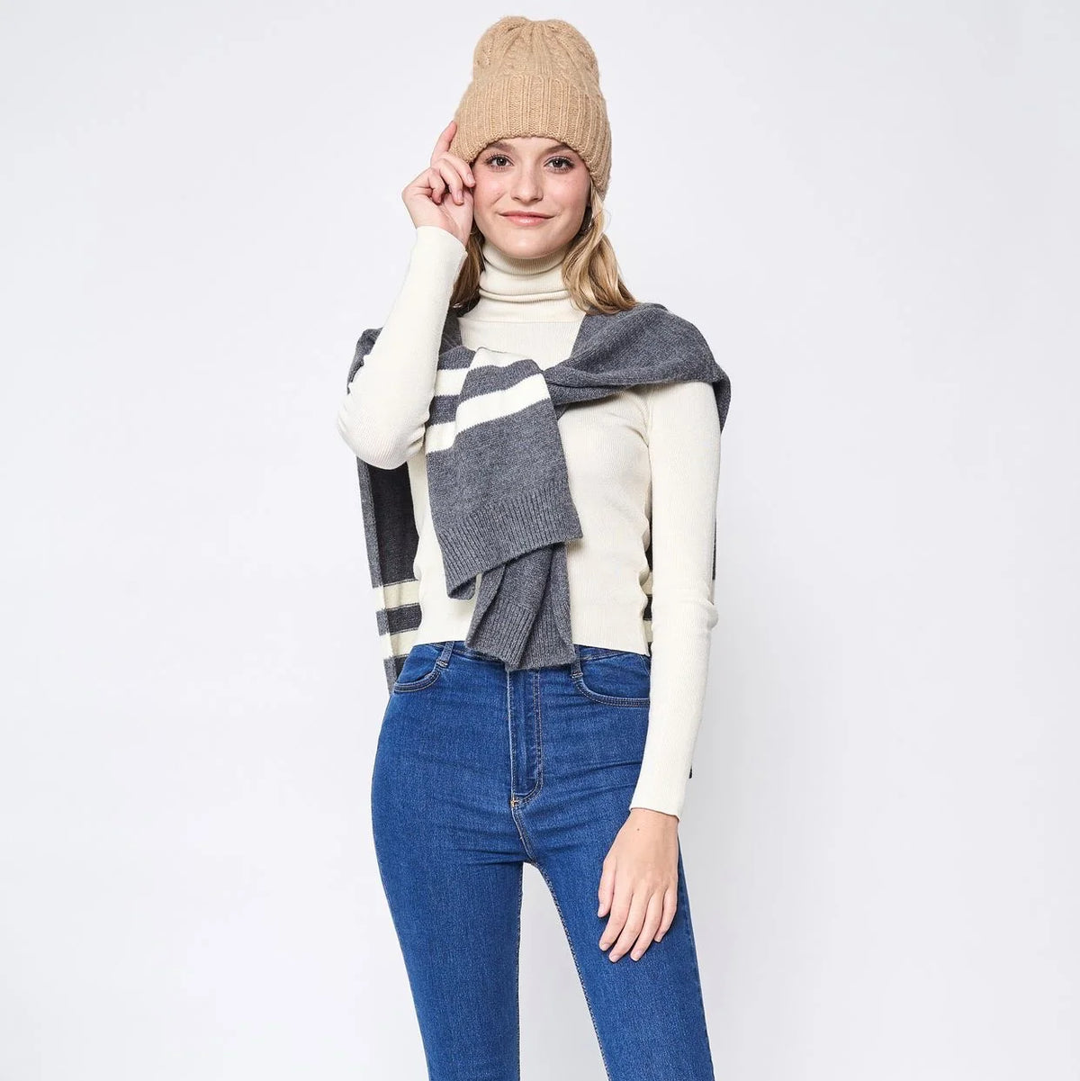 Hooded Sweater Scarf, Striped Knit Hoodie Wrap, Gray – image 15