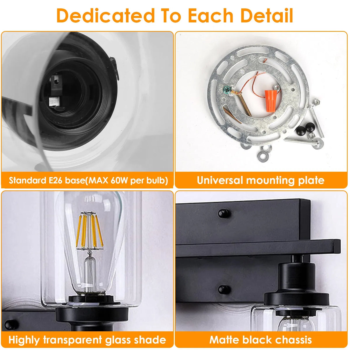 3-Light Matte Black Vanity Light with Clear Glass Shades