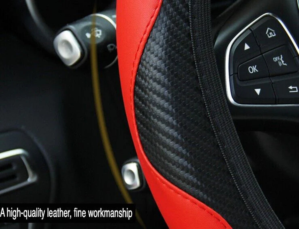 Steering Wheel Cover, Red & Black Carbon Fiber PU Leather, 15 in – image 17