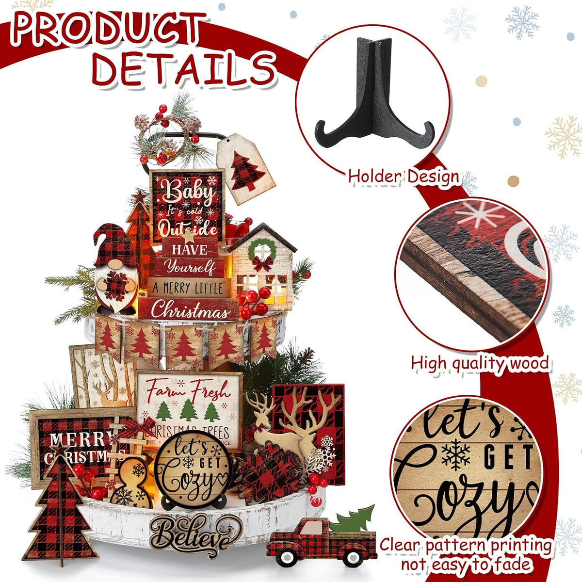 Christmas Tiered Tray Decor, Rustic Buffalo Plaid Wood, 24 Pack – image 4