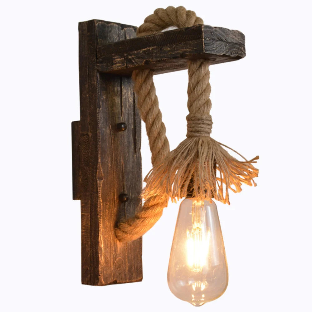 Vintage Rope Wall Lamp - Rustic Wood & Hemp Rope Wall Sconce Light Fixture