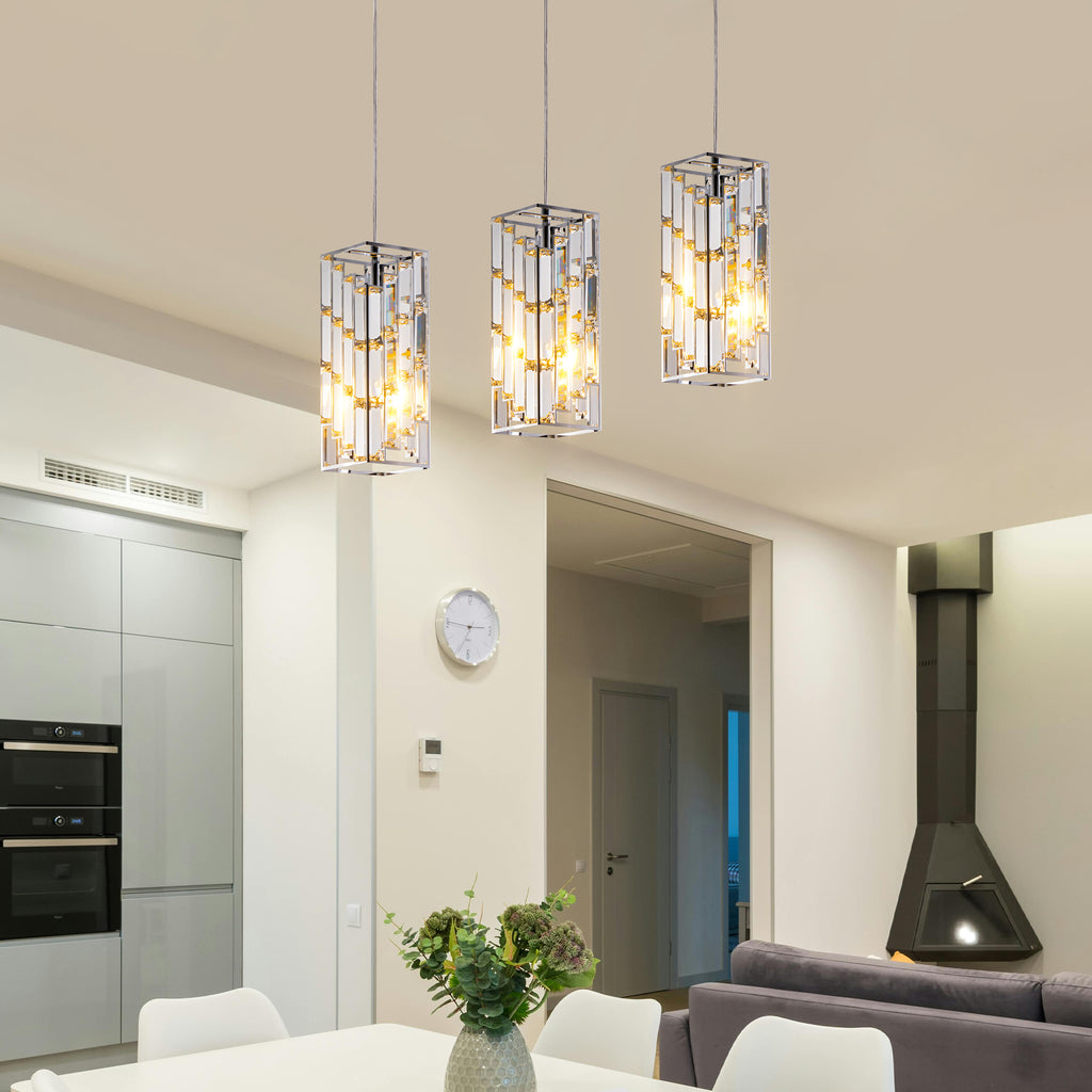 Crystal Mini Pendant Lights, Set of 3, Chrome Kitchen Island Lights