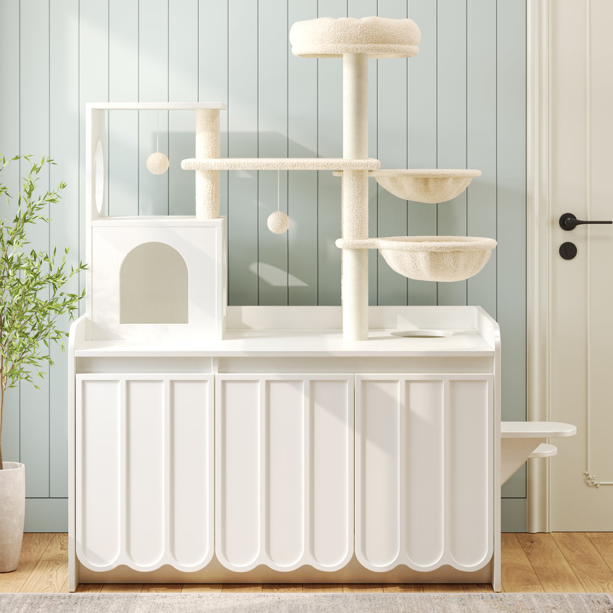 Cat Tree with Litter Box Enclosure, All-in-One Cat Condo, White – image 3