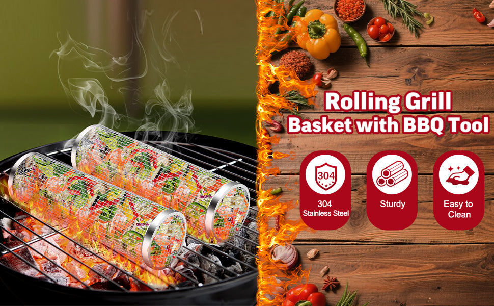 Rolling Grill Basket Set, Stainless Steel BBQ Accessories Gift Kit – image 5
