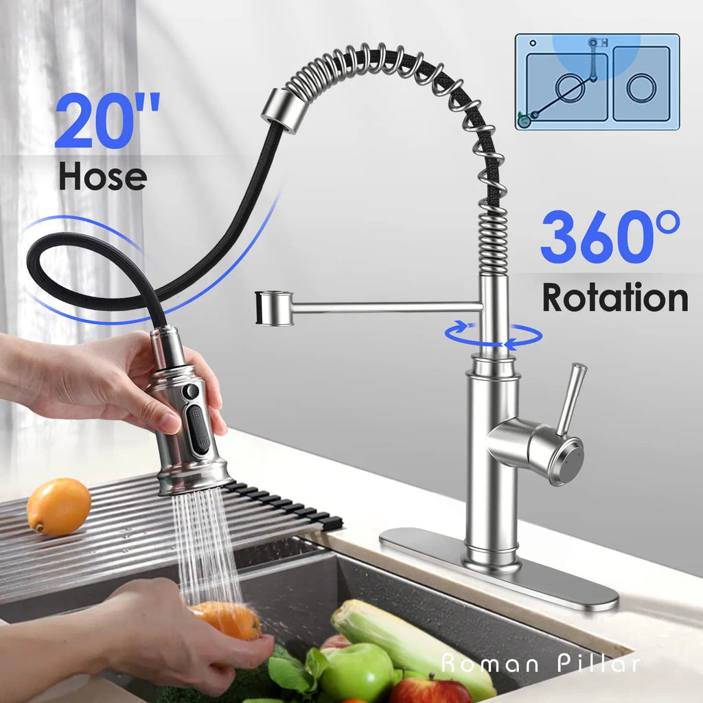 Spring Kitchen Sink Faucet, 3-Mode Pull-Down Sprayer, Brushed Nickel – image 5