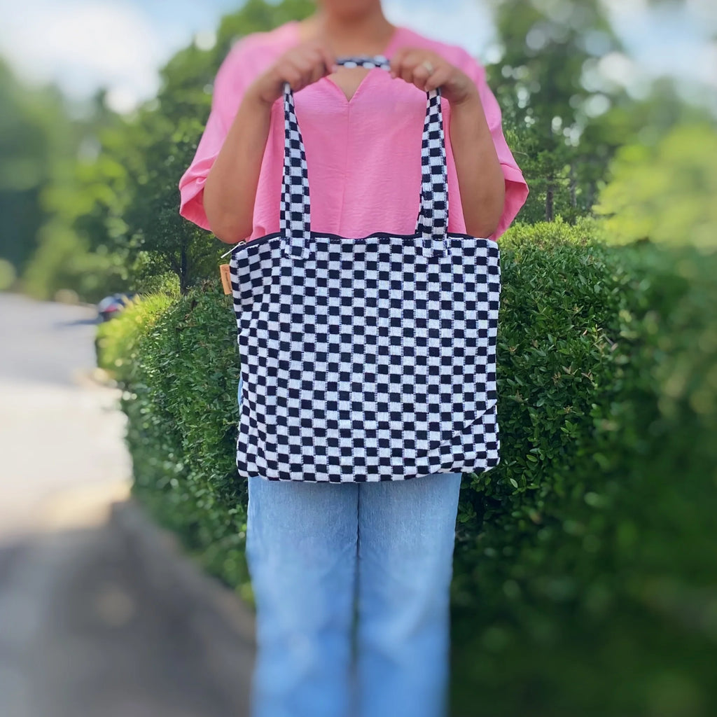 Checkered Tote Bag - Zippered Lined Shoulder Tote with Pocket – image 11