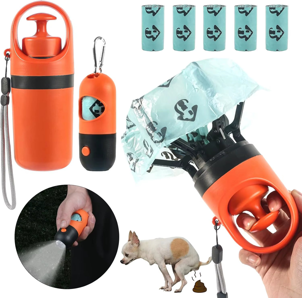 Dog Poop Scooper with LED Light - Claw Waste Picker with Bag Dispenser & Leash Clip