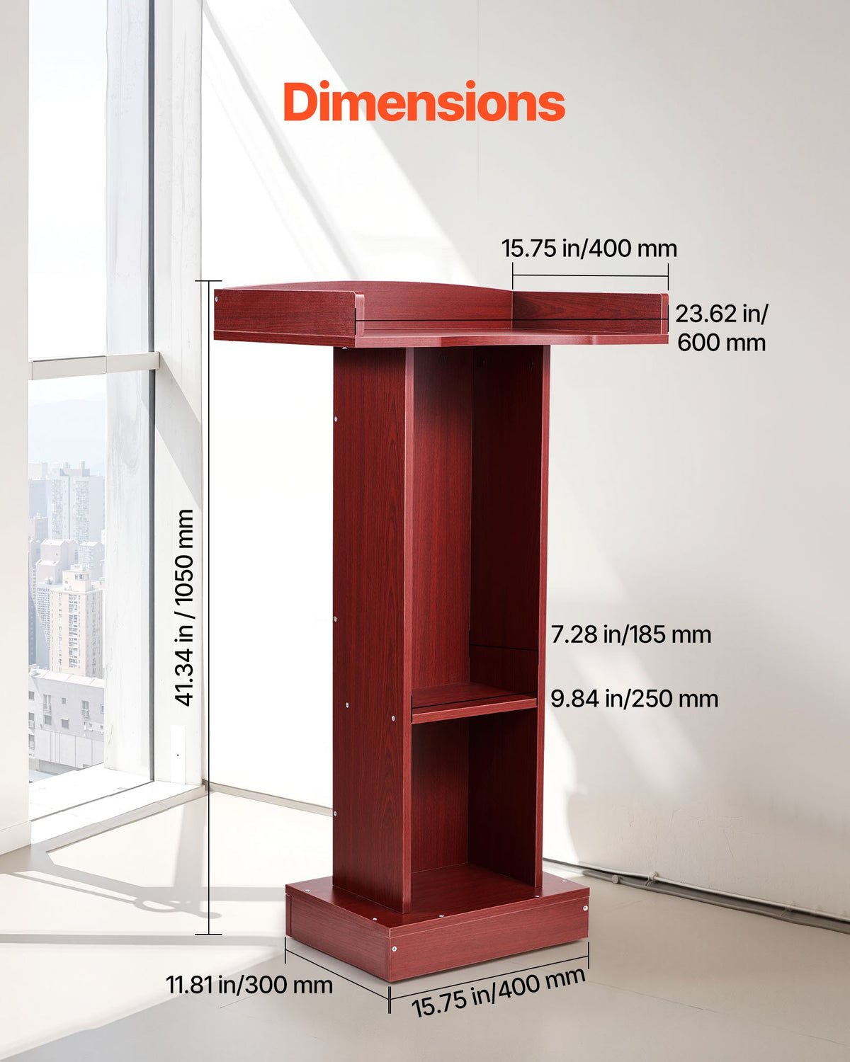 Wooden Lectern Podium Stand, 41 Inch, with Storage Shelf, Brown – image 5
