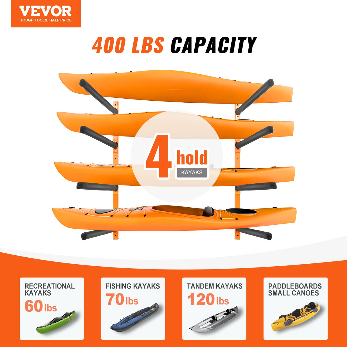Wall Mounted Kayak Storage Rack for 4 Kayaks, 400 lb Capacity – image 2