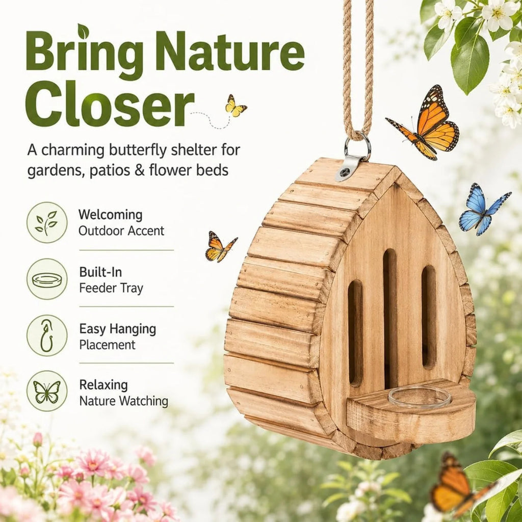 Butterfly House - Hanging Wooden Butterfly Shelter with Feeder – image 4