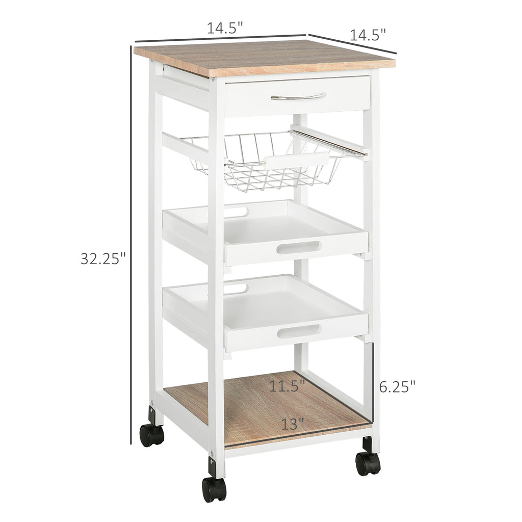 Rolling Kitchen Cart with Drawer, Wire Basket and Trays, White – image 3