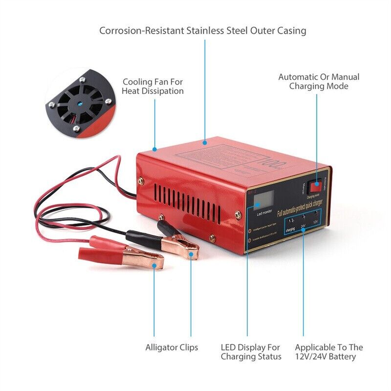 Car Battery Charger – 12V/24V 10A Smart Charger with LED Display
