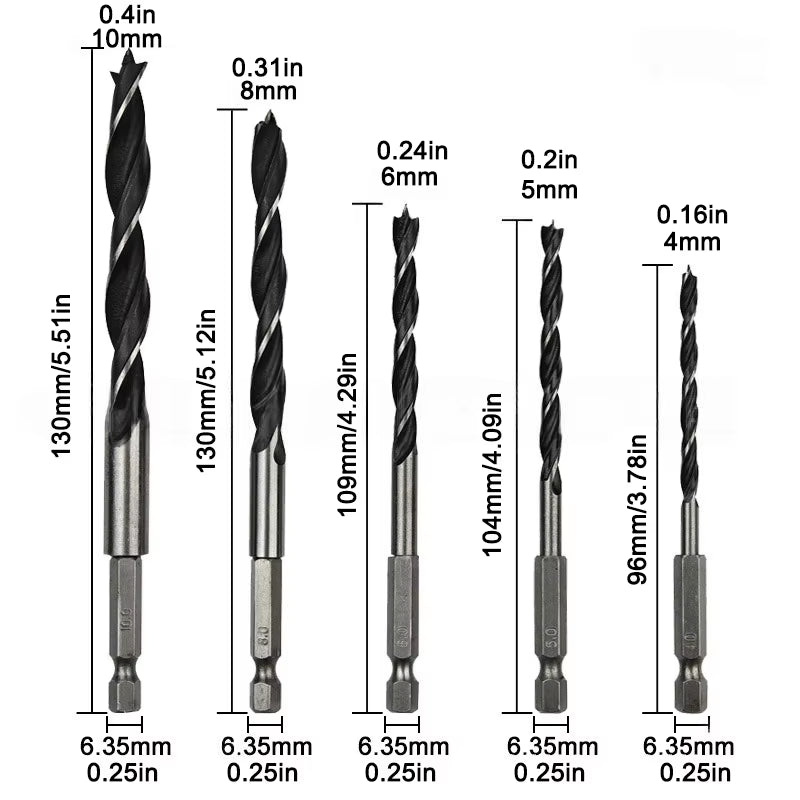 Brad Point Drill Bit Set 5-Piece 4-10mm Hex Shank for Wood – image 2