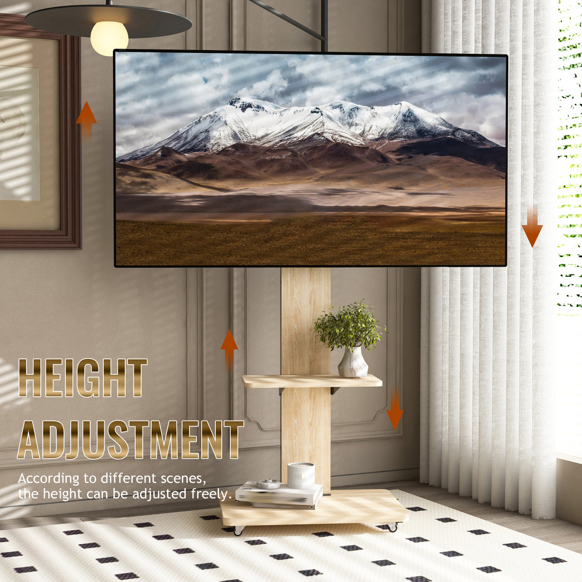Wood TV Floor Stand with Shelf and Lockable Wheels for 32-75 Inch – image 3