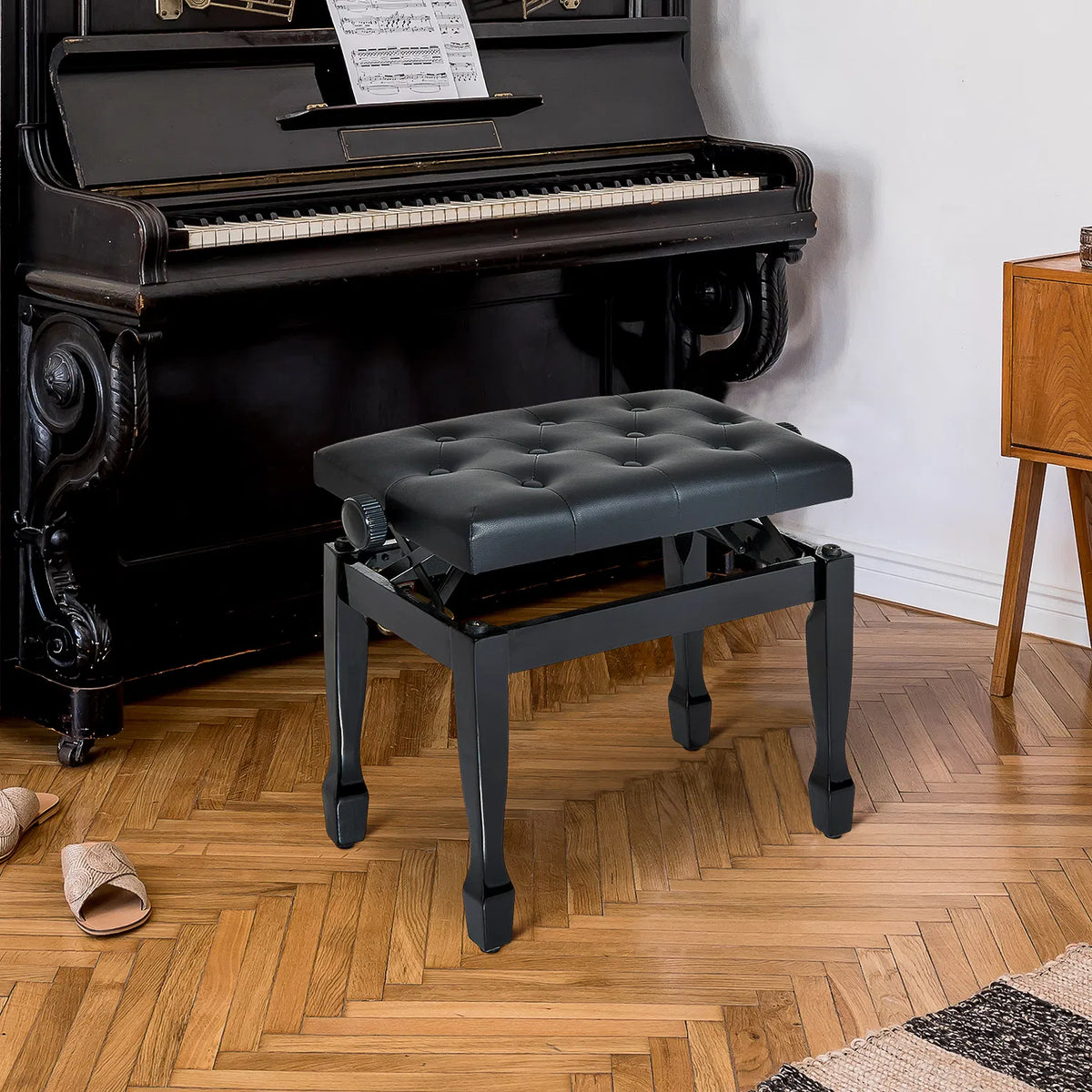 Adjustable Height Piano Bench with Tufted Cushion and Storage, Black – image 6