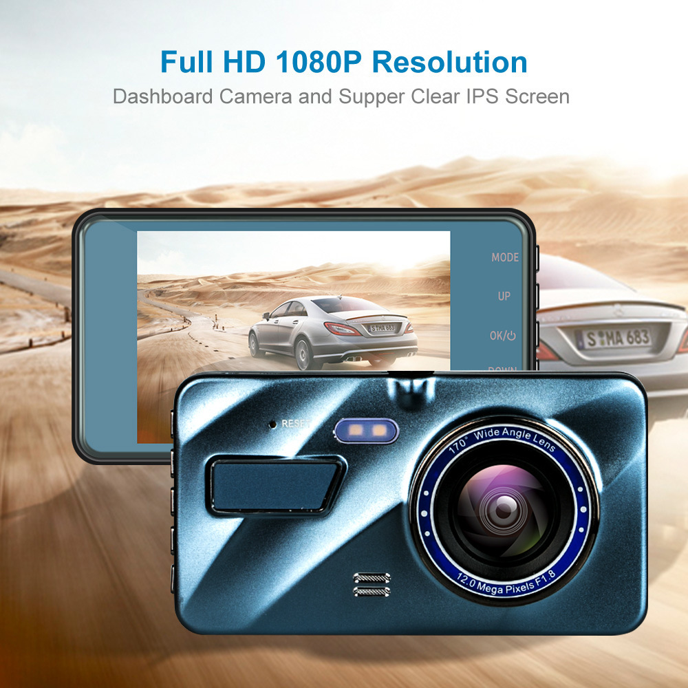 Dash Cam Front and Rear – 4 in Screen, 1296P, Night Vision, G-Sensor