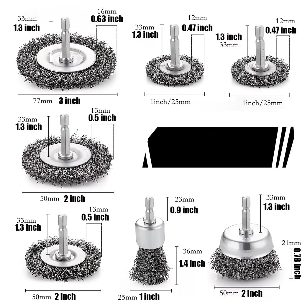 Wire Brush Wheel Set for Drill – 1/4 in Hex Shank, 3 or 10 Pcs – image 6