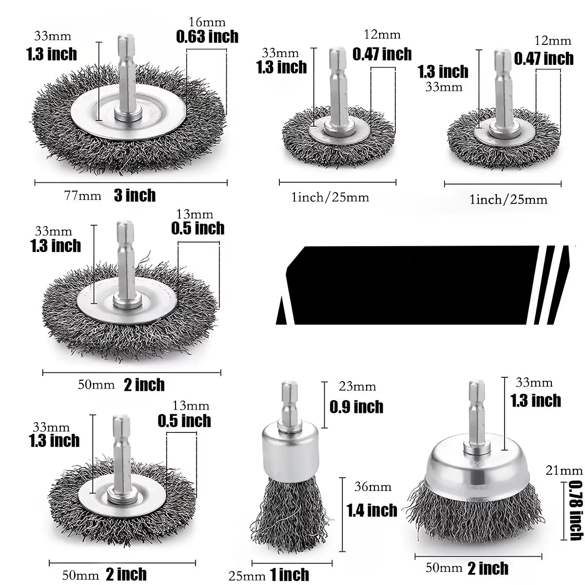 Wire Brush Wheel Set for Drill – 1/4 in Hex Shank, 3 or 10 Pcs – image 6
