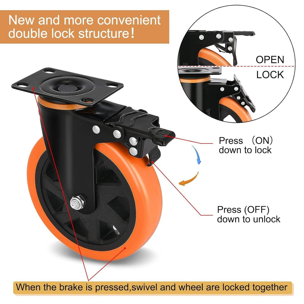 Work Cart Caster Wheels 6 in, Set of 4, 1390 lb, Dual Locking Brakes – image 3