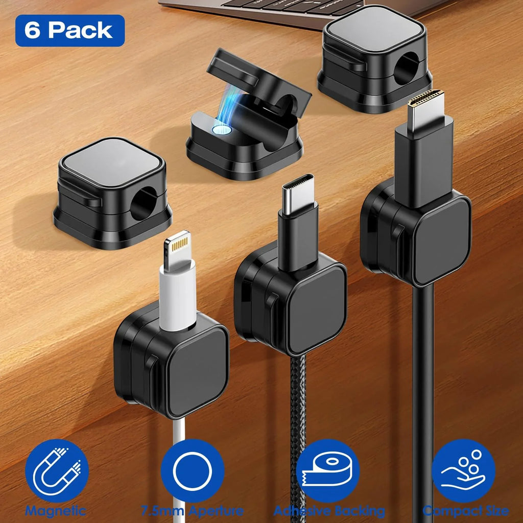 Magnetic Cable Clips 6-Pack, Adhesive Cord Organizer for Desk