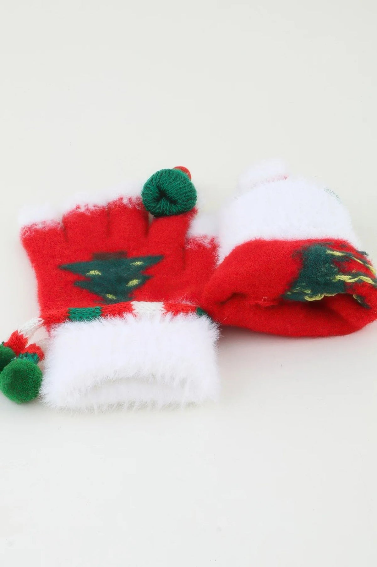Christmas Tree Knit Gloves with Pom-Poms – Red – image 3
