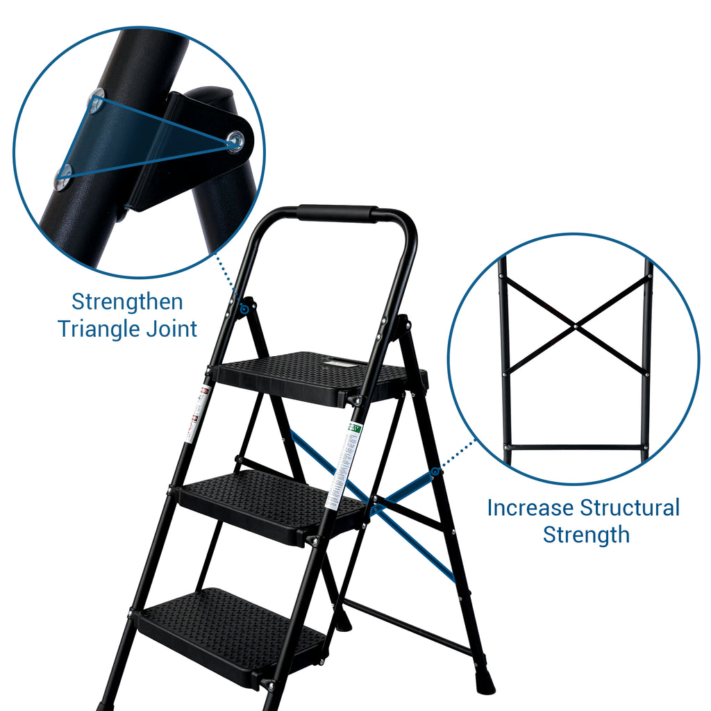 3 Step Ladder, Folding Steel Step Stool with Wide Anti-Slip Pedals – image 7