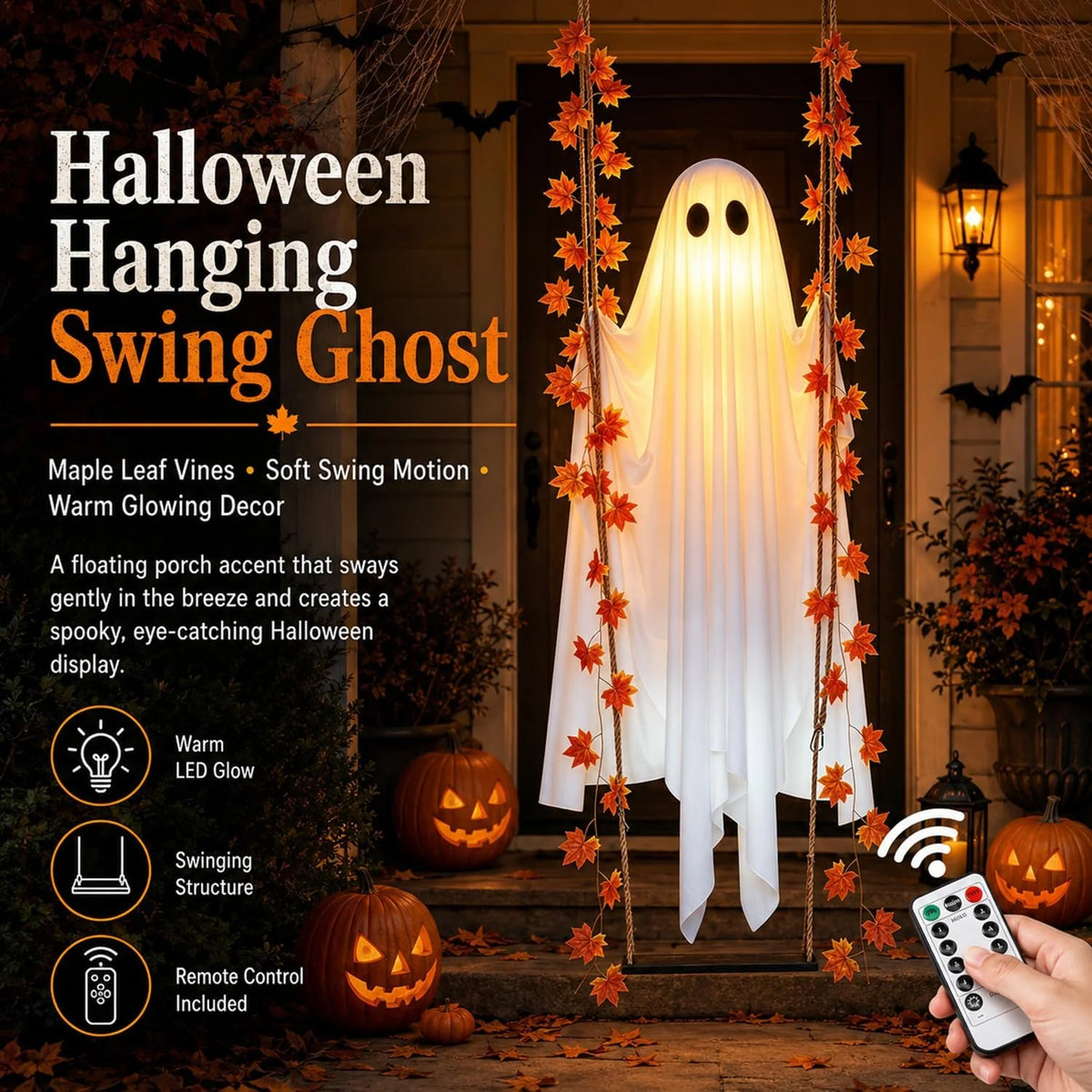 Swinging Ghost Halloween Decoration with 8 Light Modes and Timer – image 6