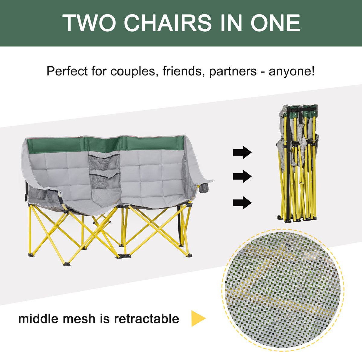 Loveseat Camping Chair, 2-Person Folding Chair with Cup Holders, Green – image 3