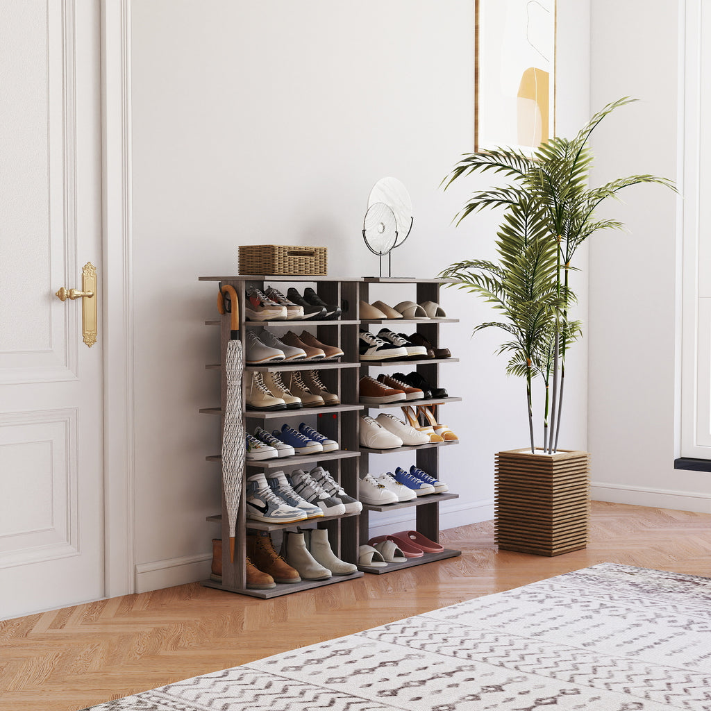 Vertical Shoe Rack, 7-Tier Shoe Tower with Hooks, Rustic Gray – image 2