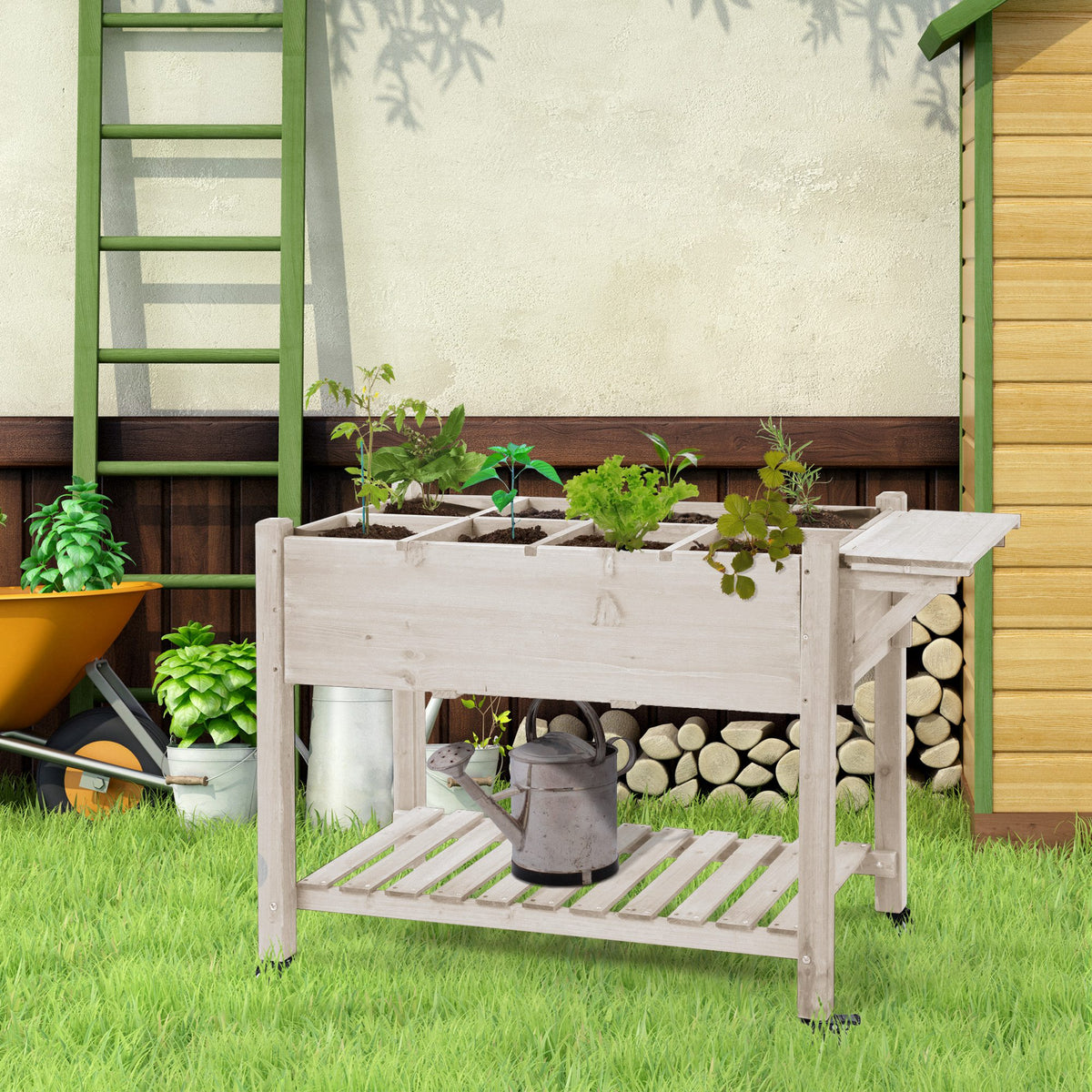 Planter Box, Mobile Wooden with 8 Grow Grids, Shelf and Wheels – image 2