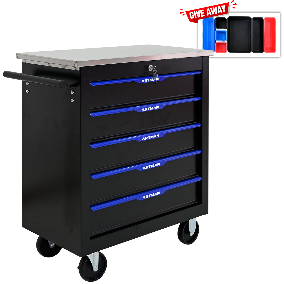 5 Drawer Lockable Tool Cart with Stainless Top and Brake Casters
