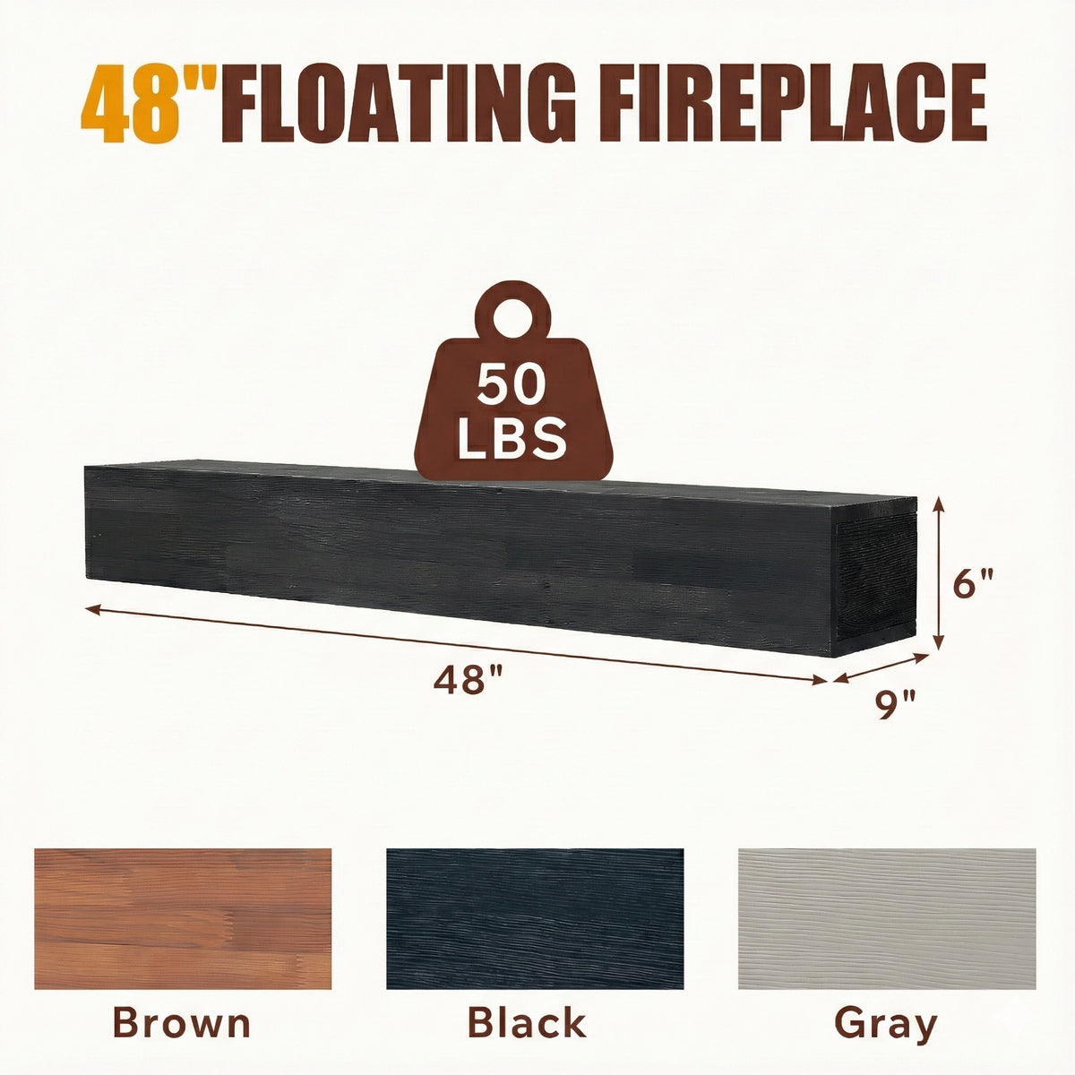 48 in Rustic Wood Fireplace Mantel Floating Shelf, Black