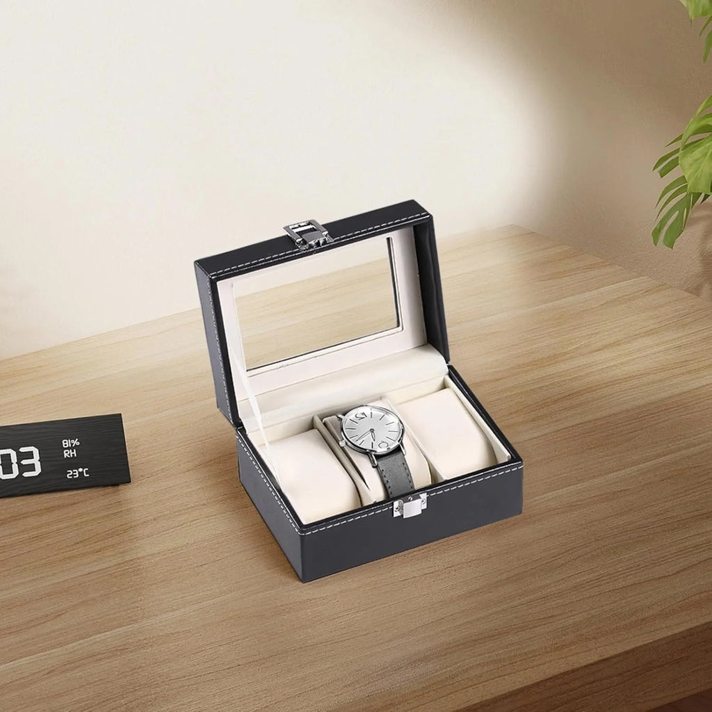 Watch Box Organizer, 3 Slots with Acrylic Window, Black PU Leather – image 6
