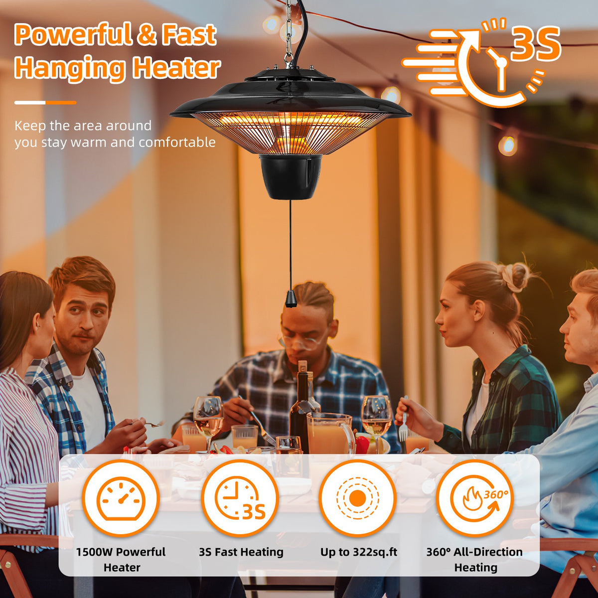 1500W Hanging Electric Patio Heater with Chain and 2 Heat Levels – image 9
