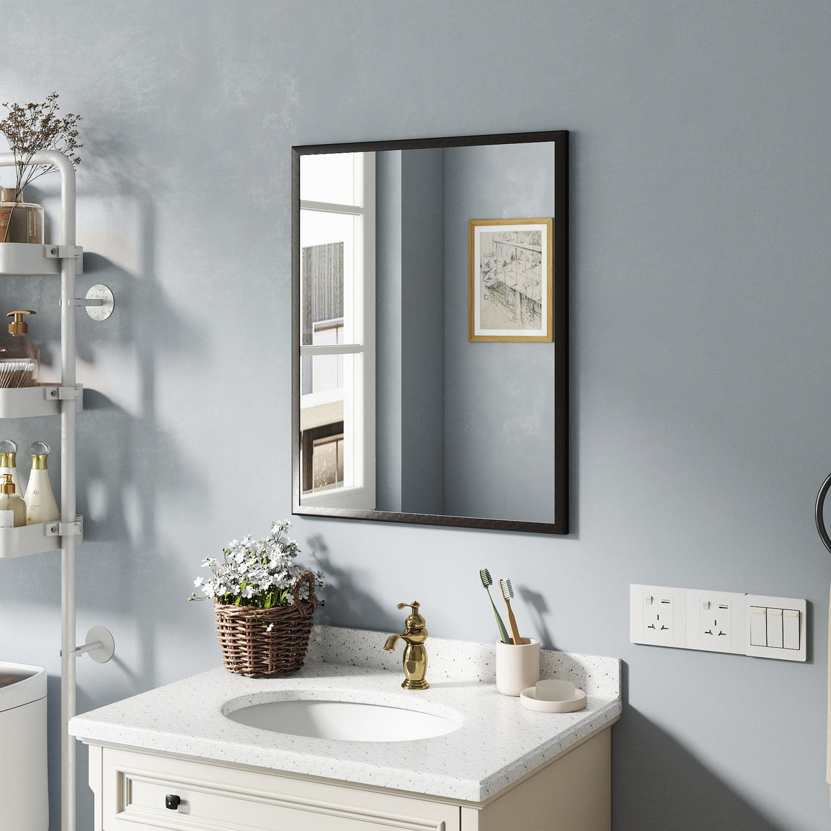 Bathroom Wall Mirror, 24 x 30 in Black Aluminum Frame – image 2