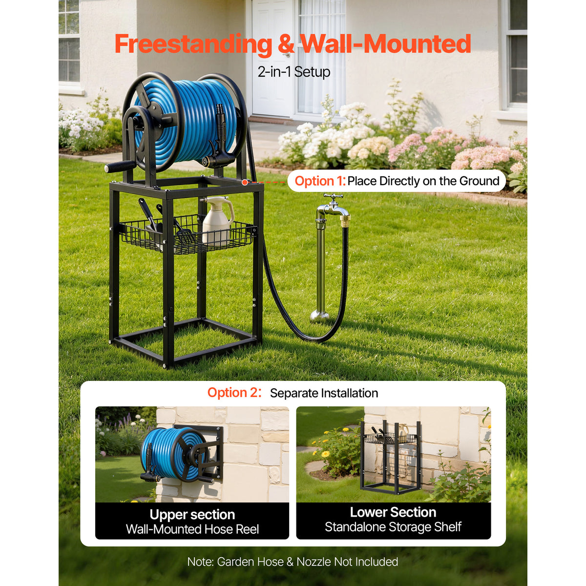 Freestanding Garden Hose Reel, Holds 125 Feet of 5/8-Inch Hose, Wall Mount or Ground Mount, Detachable Holder Stand with Storage Rack, 5 Ft Leader Hose, Brass Fitting, 4 Spikes, for Backyards