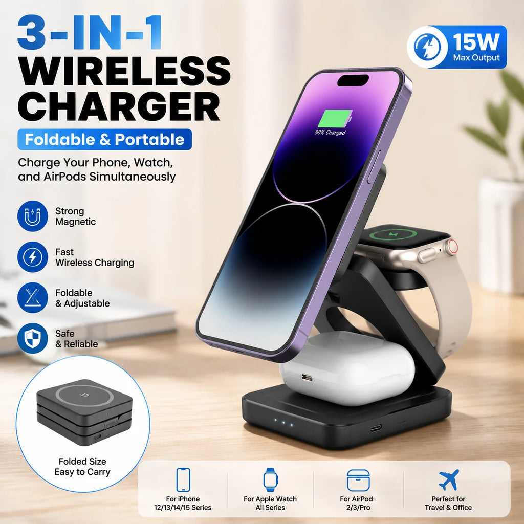 Wireless Charger Stand 3-in-1, Magnetic Foldable Charging Station