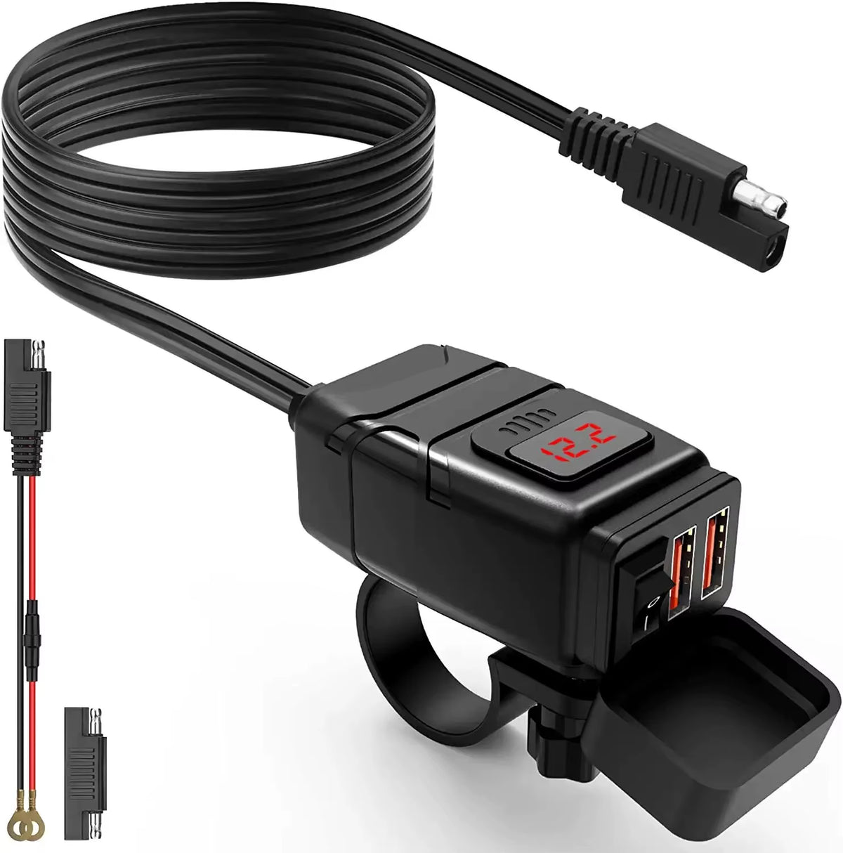 Motorcycle Dual USB Charger with Voltmeter, 12V Handlebar Mount