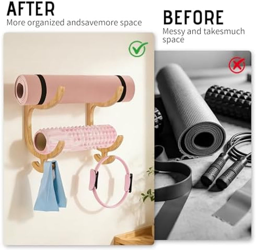 Yoga Mat Holder, Wooden Wall Rack with 4 Hooks – image 6