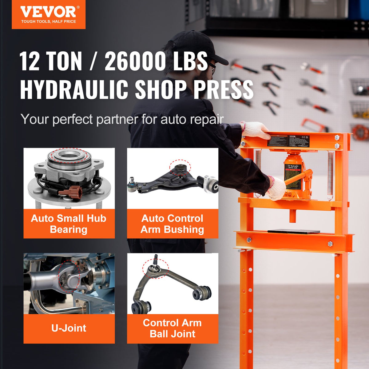 Hydraulic Shop Press 12 Ton – H-Frame Garage Floor Press with Plates
