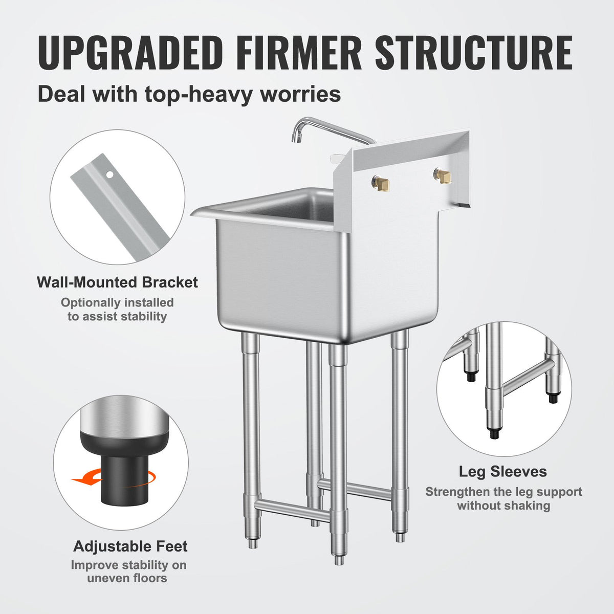 Stainless Steel Utility Sink with Faucet, Free Standing 1-Compartment – image 4