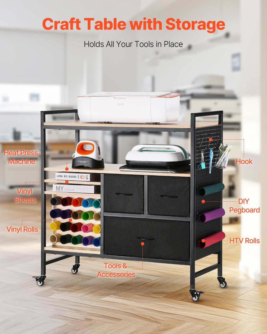 Rolling Craft Cart Storage Table with 20 Vinyl Roll Holders – image 2