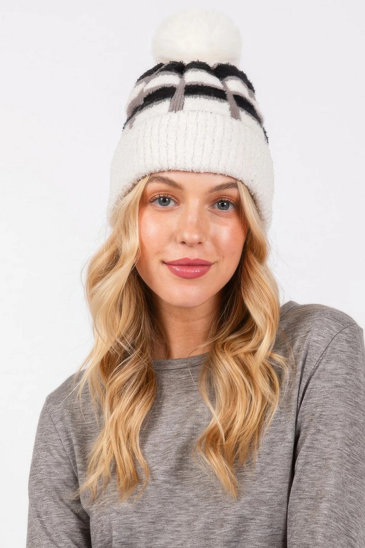 Color Block Pom Pom Beanie, Soft Stretch Knit Winter Hat – image 3