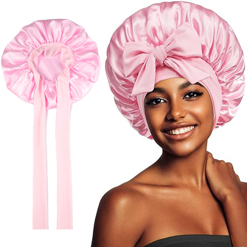 Satin Hair Bonnet with Bow Tie Wide Elastic Band Sleep Cap