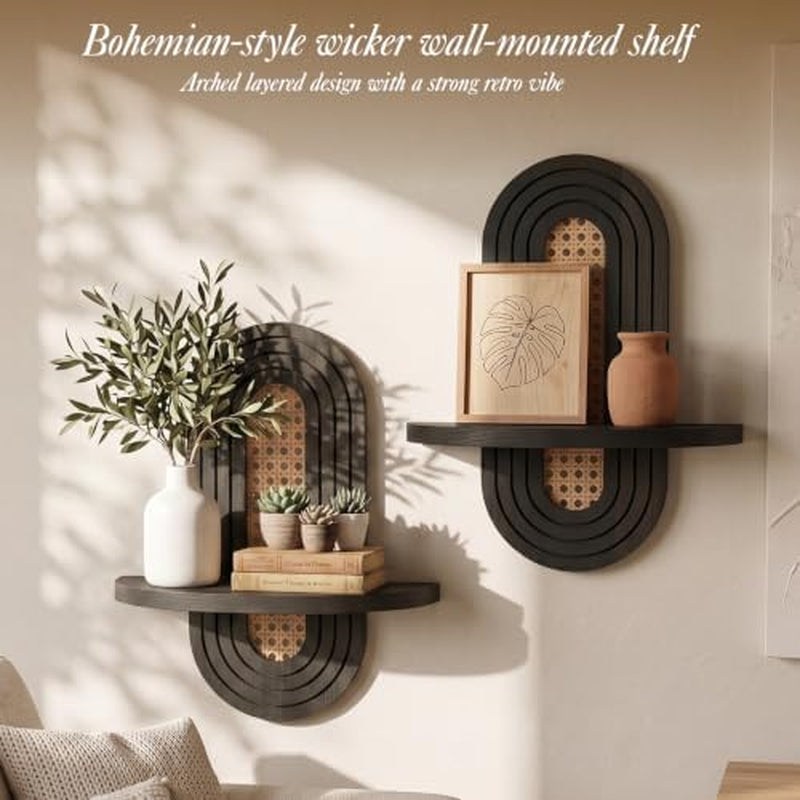Rattan Floating Shelves Set of 2, Boho Arched Wall Plant Shelf – image 3
