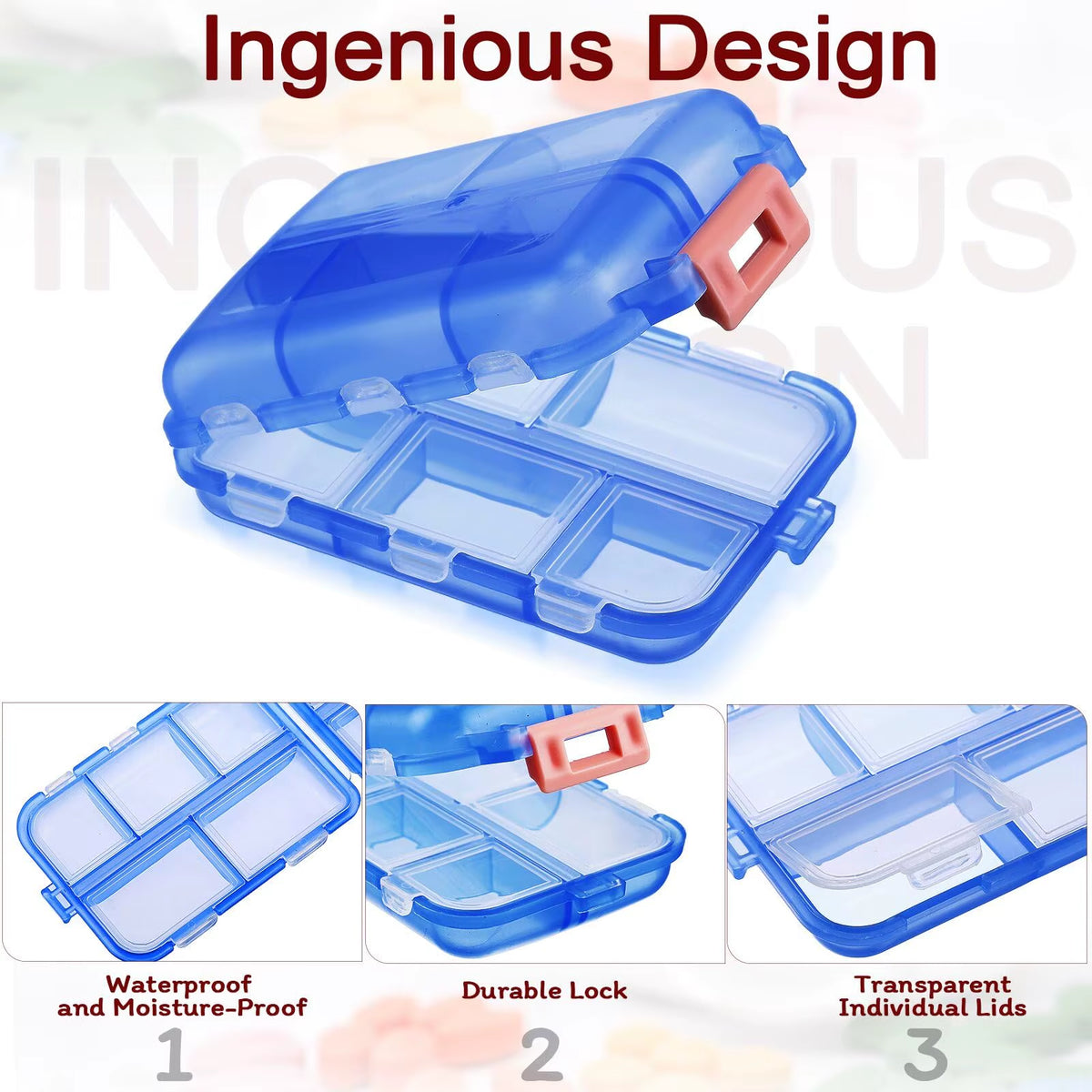 10 Compartment Travel Pill Organizer - Portable Daily Pill Case