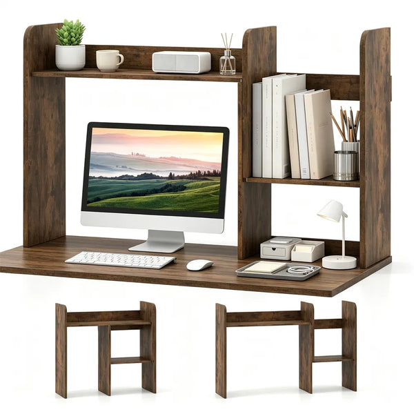 Expandable Desktop Hutch Shelf 26-38 Inch, Rustic Brown Desk Organizer – image 1